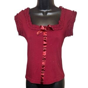 Effie’s Heart Burgundy Ruffle Trim Women's Top with Accent Bow